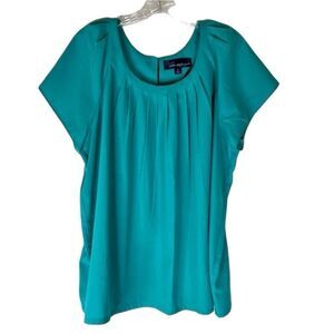 Susan Graver Top Women’s Blue Green Pleated Short Sleeve Blouse Keyhole XL
